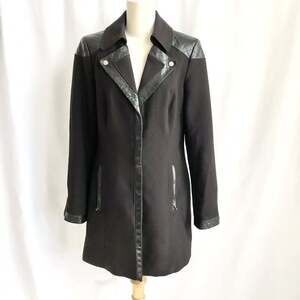 White House Black Market Black Lined Dress Coat Nylon Mix Leather Detail Size M